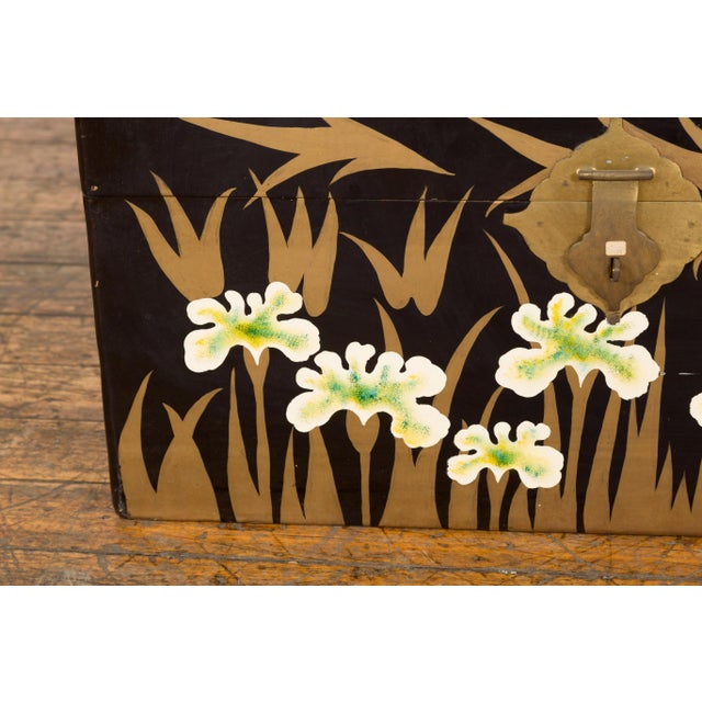 Wood Early 20th Century Japanese Late Meiji Period Black Lacquer Blanket Chest with Golden Painted Décor For Sale - Image 7 of 13