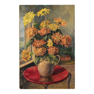 English Vintage Signed Oil Painting of Chrysanthemums