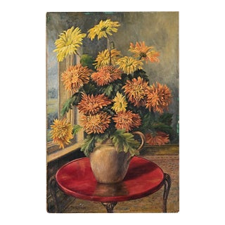 Vintage Signed English Oil Painting of Chrysanthemums For Sale