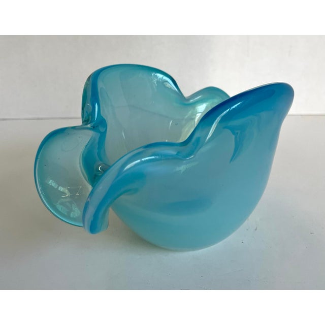 Vintage Hand-Blown Aqua Opaline Art Glass Sculptural Bowl For Sale In Los Angeles - Image 6 of 8