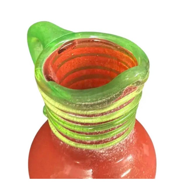 Red Vintage Murano Art Glass Pitcher, Scavo-Style, Coral-Red & Green For Sale - Image 8 of 9