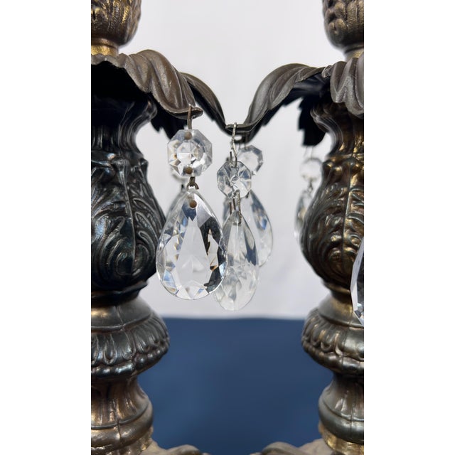 1950s Gilt Brass & Tiered Crystal Girandole Trio - 12" Statement Set For Sale - Image 5 of 9