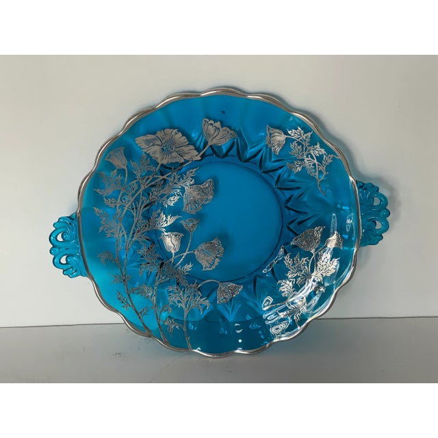 Art Nouveau Art Nouveau Blue Glass Plate With Silver Poppies For Sale - Image 3 of 7