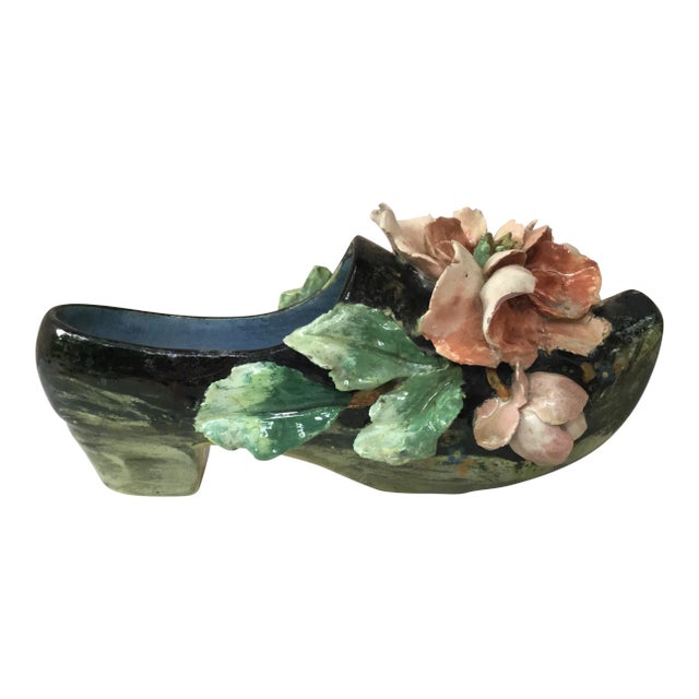 Late 19th Century Majolica Clog With Flowers Edouard Gille Planter For Sale