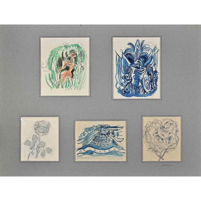 Compositions is an Ink and Watercolor Drawing realized by Jean Gabriel Daragnès (1886-1950). Good condition of 5 little...