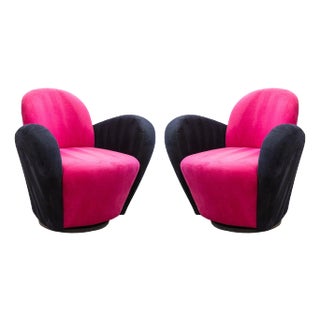 Michael Wolk "Miami" Postmodern 80s Pink and Black Swivel Accent Chairs - A Pair For Sale