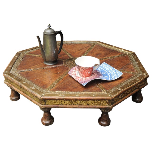 Brown Antique Octagonal Low Hardwood Eastern Table with Decorative Brass Trims, 1890s For Sale - Image 8 of 12