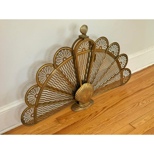 Vintage Brass Peacock Folding Fireplace Screen With Shell Motif For Sale - Image 10 of 12
