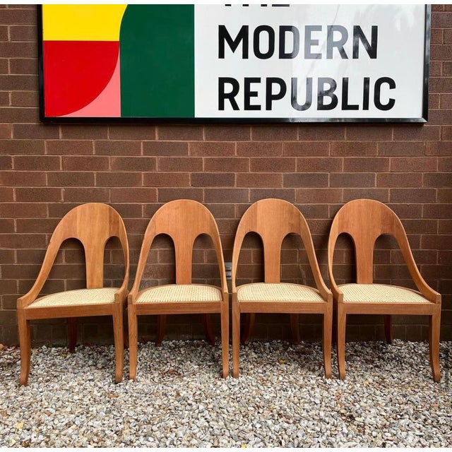 Beautiful Vintage Antique Spoon Back Wooden Chairs with Caning Seat. Refinished wood. Set of 4