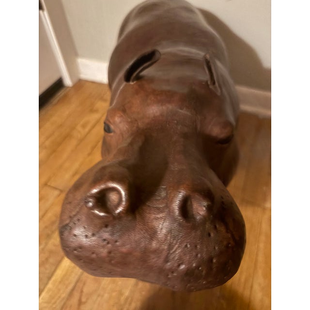 Mid-Century Modern Vintage 1970s Leather Wrapped Hippopotamus Figure With Glass Eyes For Sale - Image 3 of 9