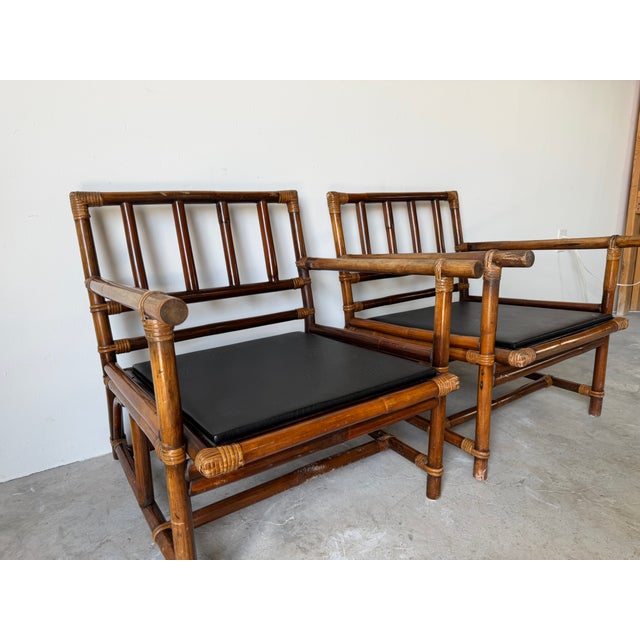 Brown Vintage Rattan Bamboo Lounge Chairs With Cushions – A Pair For Sale - Image 8 of 18