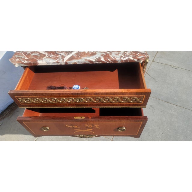 Vintage Inlaid Marquetry French Commode Louis XV Chest of Drawers Marble Top Ormolu For Sale In San Diego - Image 6 of 8