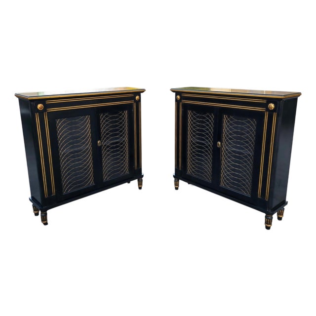 Late 20th Century Pair of Baker Furniture Neoclassical Black Lacquer and Gilt Cabinets With Decorative Wire-Mesh Grille Doors For Sale