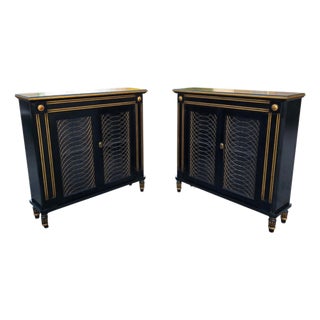 Pair of Baker Furniture Neoclassical Black Lacquer and Gilt Cabinets With Decorative Wire-Mesh Grille Doors, Late 20th Century For Sale