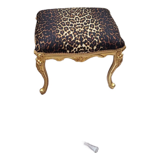 1960s Leopard Animal Print Louis XV Gold Leaf Bench Stool Ottoman For Sale