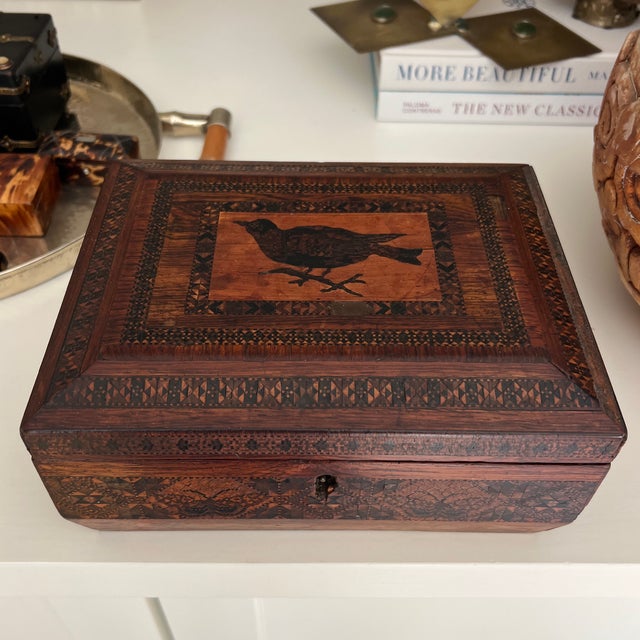 Antique English Wood Inlay Tunbridge Box With Bird Motif For Sale - Image 10 of 11