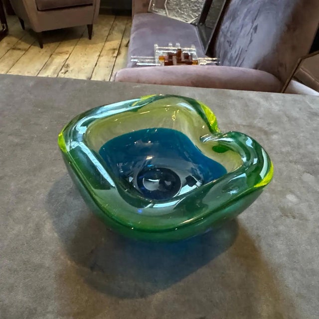 1970s Modern Blue and Green Lime Sommerso Murano Glass Ashtray by Seguso For Sale - Image 11 of 11