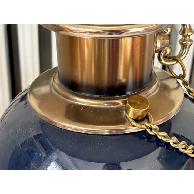 1950s Brass and Indigo Blue Porcelain Lamp With Shade For Sale - Image 9 of 10