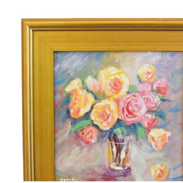 Bouquet of Pastel English Roses in Vase Oil Painting W/ Antiqued Gold Wood Frame For Sale - Image 4 of 10