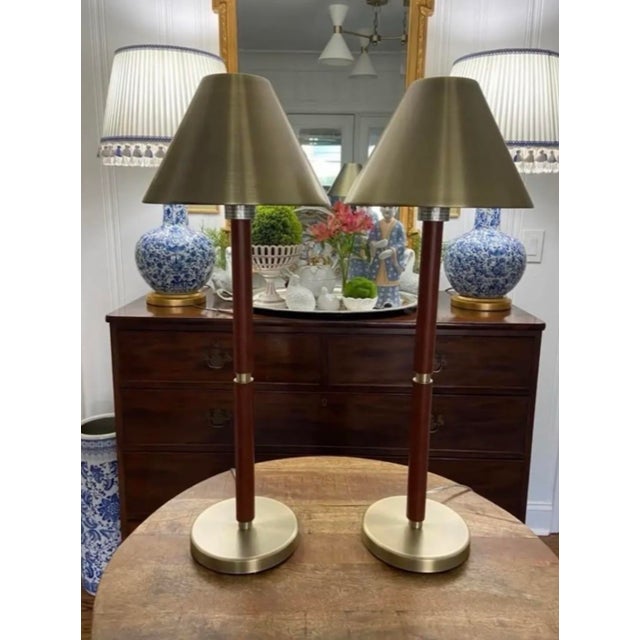 Animal Skin Ralph Lauren Brown Leather-Wrapped and Brush Brass/Metal Tall Buffet Lamps, a Pair For Sale - Image 7 of 7