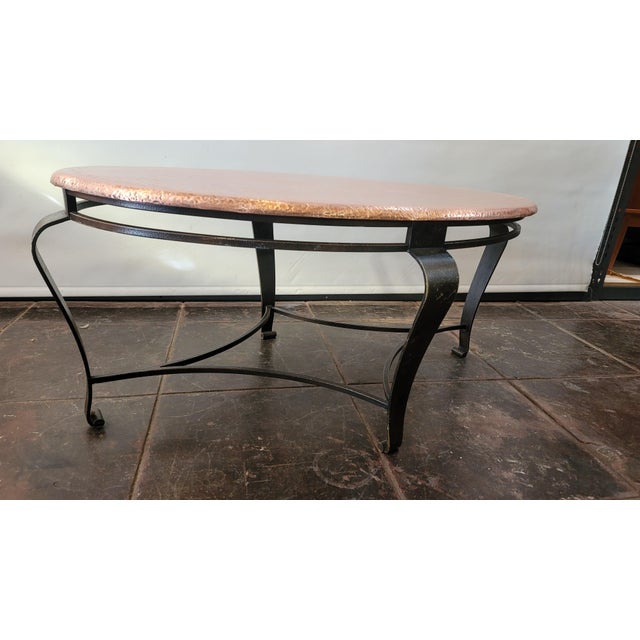 Hand Hammered Copper Coffee Table With Wrought Iron Base For Sale - Image 4 of 6