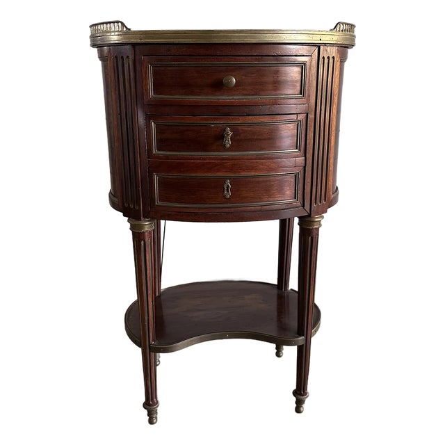 French XVI Style Oval Mahogany Side Table With Marble Top and Brass Gallery For Sale