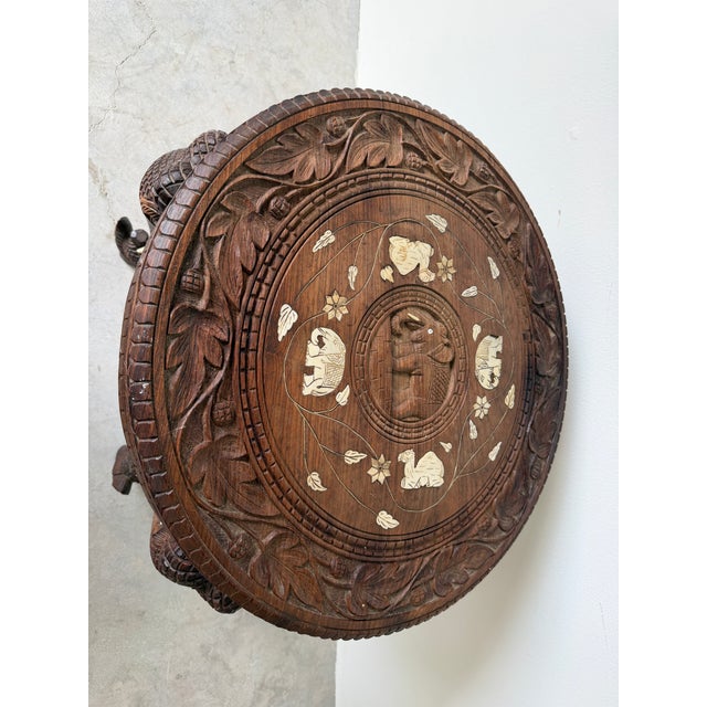Vintage Anglo Indian Hand-Carved Elephant Side Table With Bone Inlay Animal Motif For Sale - Image 10 of 15