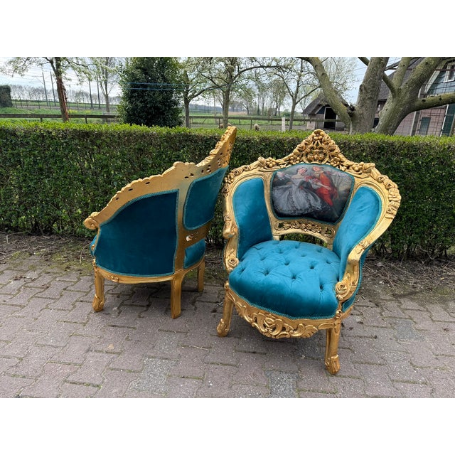 1900s French Louis XVI Blue/Green Velvet Beech Sofa Set 5pc For Sale - Image 17 of 18