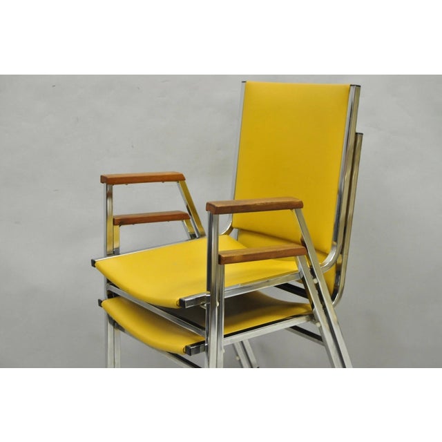 Metal Vintage Nightingale Mid Century Modern Chrome & Yellow Vinyl Stacking Chair Pair For Sale - Image 7 of 15