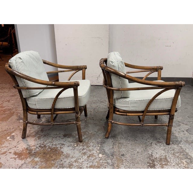 McGuire Furniture Bamboo Barrel Club Chairs, Pair Circa 1970's For Sale In San Francisco - Image 6 of 12
