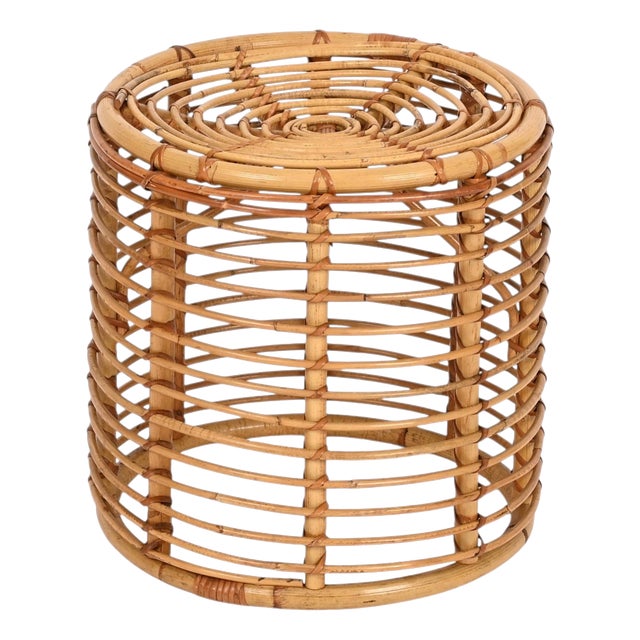 Mid-Century Modern Rattan and Wicker Round Pouf by Tito Agnoli, Italy, 1960s For Sale