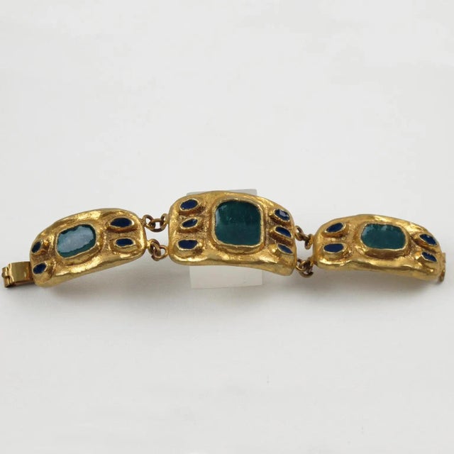 French Designer Willy Gilt Bronze, Green Enamel Link Bracelet For Sale In Atlanta - Image 6 of 8