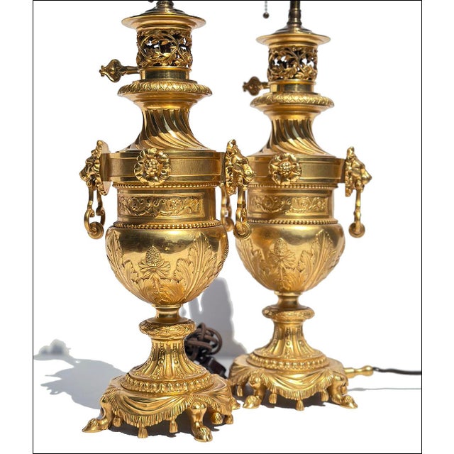 Late 19th Century French Empire/NeoClassical Gilt Bronze W/Lion Heads Lamps-Set of Two For Sale - Image 5 of 7