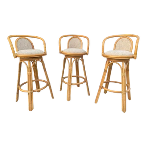 Vintage Boho Coastal Rattan Swivel Bar Stools With Beige Fabric Seat Set of 3