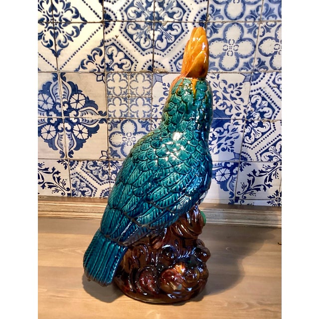 Late 20th Century Vintage Large Parrot Cockatoo on Perch Glazed Ceramic Bird Sculpture in Vibrant Blue and Orange Polychrome For Sale - Image 6 of 10