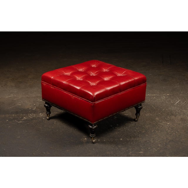 Victorian Vintage Tufted Leather Rolling Ottoman Trunk in Red For Sale - Image 3 of 10