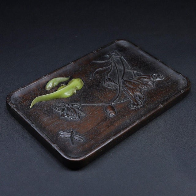 Jade Chinese Red Huali Wood Tray With Jade Inlay Lotus & Fish Motif – Handcrafted Auspicious Serving Tray For Sale - Image 8 of 10