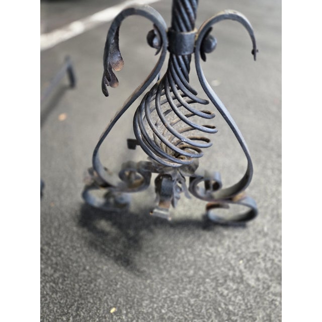 1920s Large Mizner Style Turn of the Century Wrought Iron Andirons For Sale - Image 5 of 9