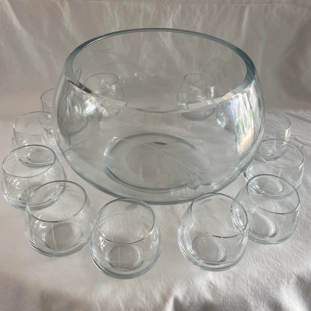 Mid Century Modern Wheat Design Etched Blown Glass Punch Bowl Set With