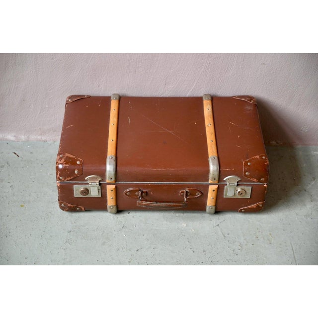 Vintage Travel Suitcase with Rigid Cardboard and Wooden Handles, 1940s For Sale - Image 9 of 11