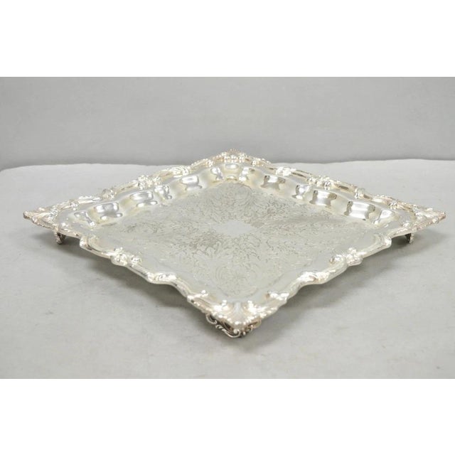 Vintage English Silver Mfg. Silver Plated Ornate Square Bar Serving Platter Tray For Sale - Image 14 of 14