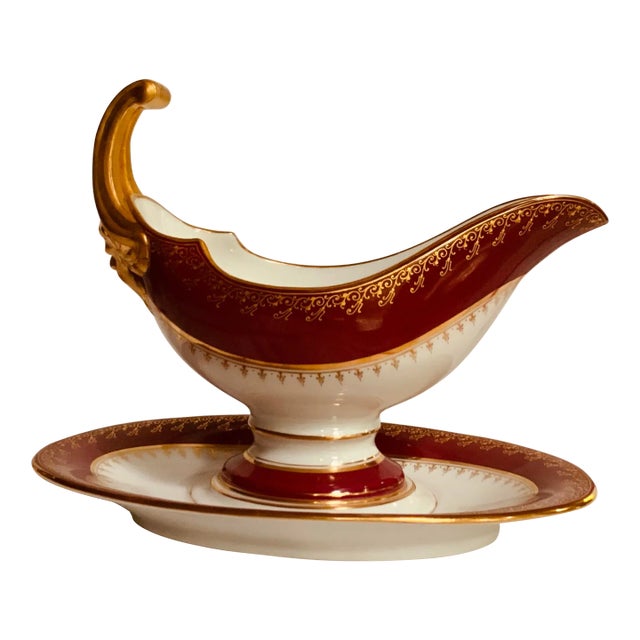 Exceptional French Empire Porcelain Sauce Boat - Ruby Red With Gold Dust Glaze & Bacchus Handle, 1900-1909 For Sale
