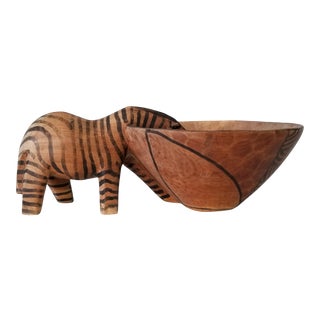 Vintage Primitive Carved Wood Sculptural Zebra Bowl / Sold For Sale