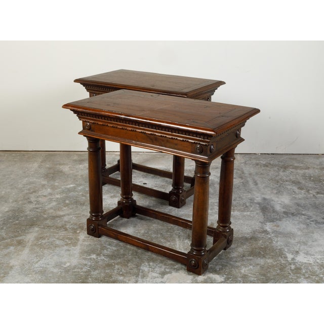 Brown Pair of Italian 19th Century Carved Walnut Console Tables with Doric Columns For Sale - Image 8 of 12