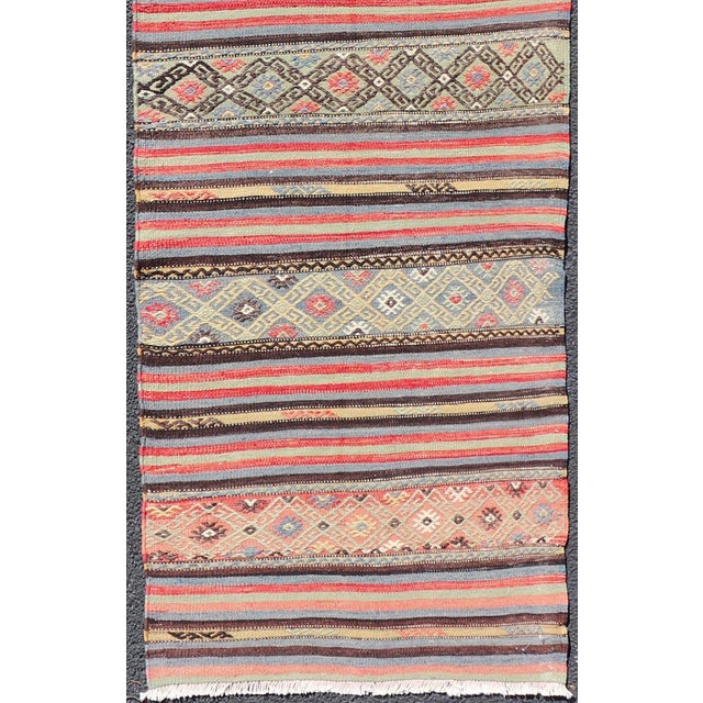 Vintage Turkish Kilim With Horizontal Stripes and Tribal Motifs in Bright Tones For Sale - Image 9 of 11