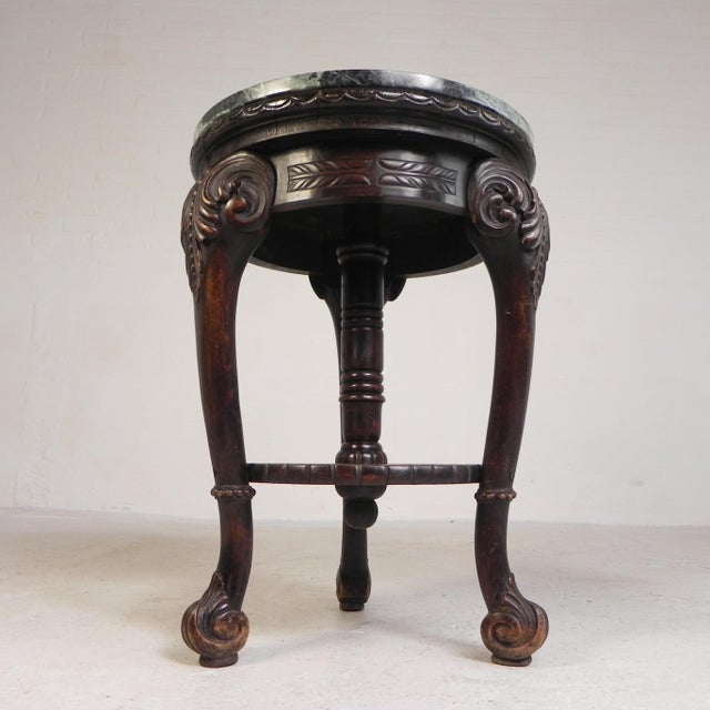 Antique Round Mahogany Side Table with Green Veined Marble Top, 1890s For Sale - Image 5 of 18