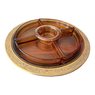 Early 20th Century Cambridge Glass Co. Gold Encrusted Amber Glass Divided Relish Dish With Center Insert - 6-Piece For Sale