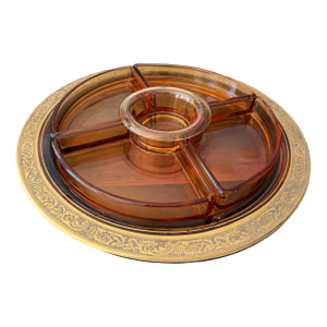 Early 20th Century Cambridge Glass Co. Gold Encrusted Amber Glass Divided Relish Dish With Center Insert - 6-Piece