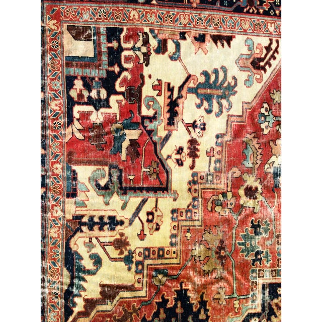 Textile Antique Persian Heriz Serapi Rug, Hand-Knotted Wool, Geometric Medallion Pattern, Ivory & Rust-Red, 10x12 For Sale - Image 7 of 11