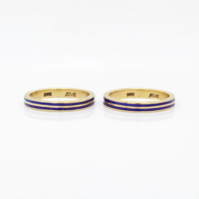 Late 20th Century Pair of Signed 14k Gold & Blue Enamel Estate Band Rings For Sale - Image 5 of 12